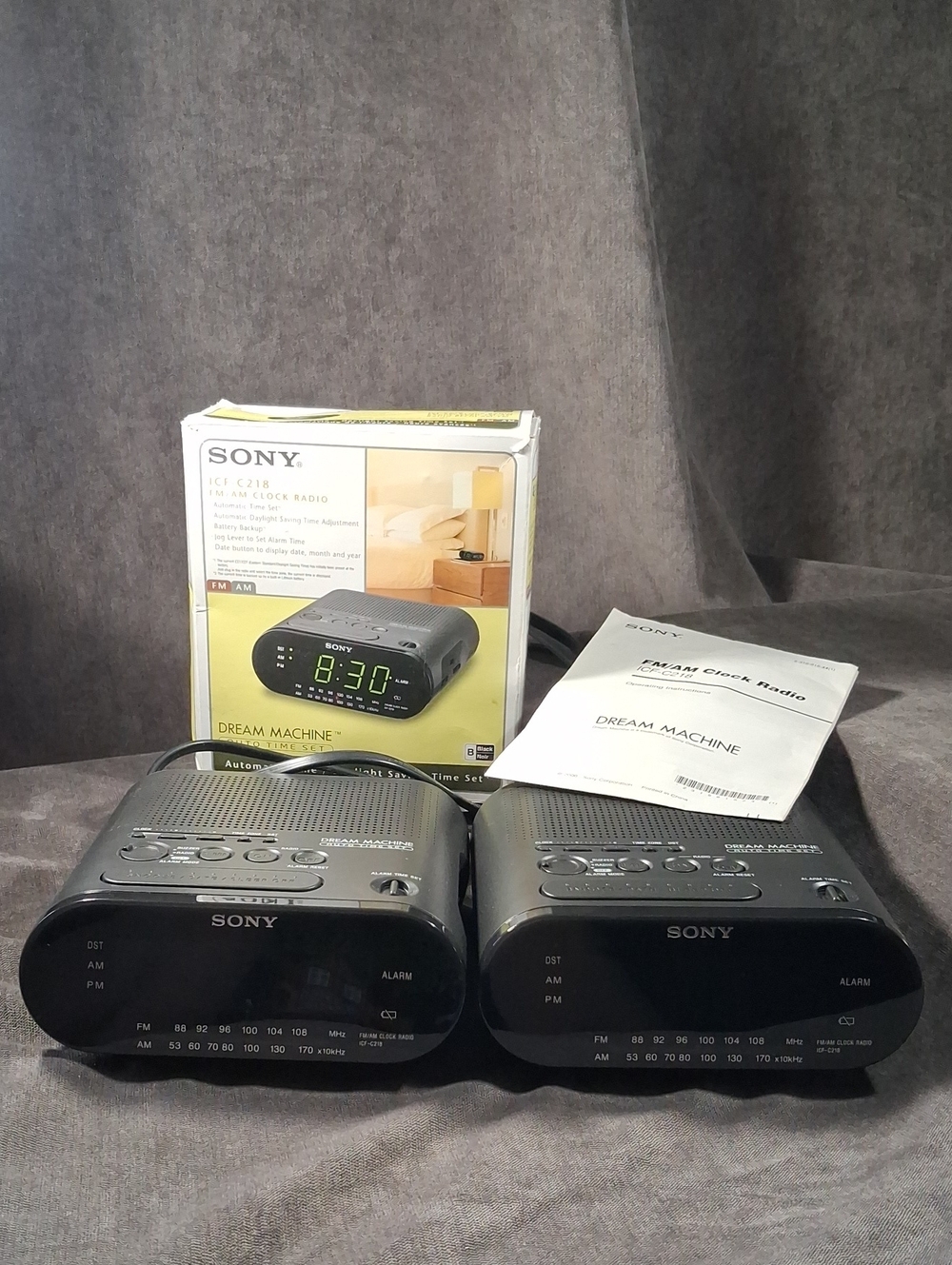 2 Sony ICF-C218 AM/FM Dream Machine Alarm Clock Radios Black VG Tested & Working